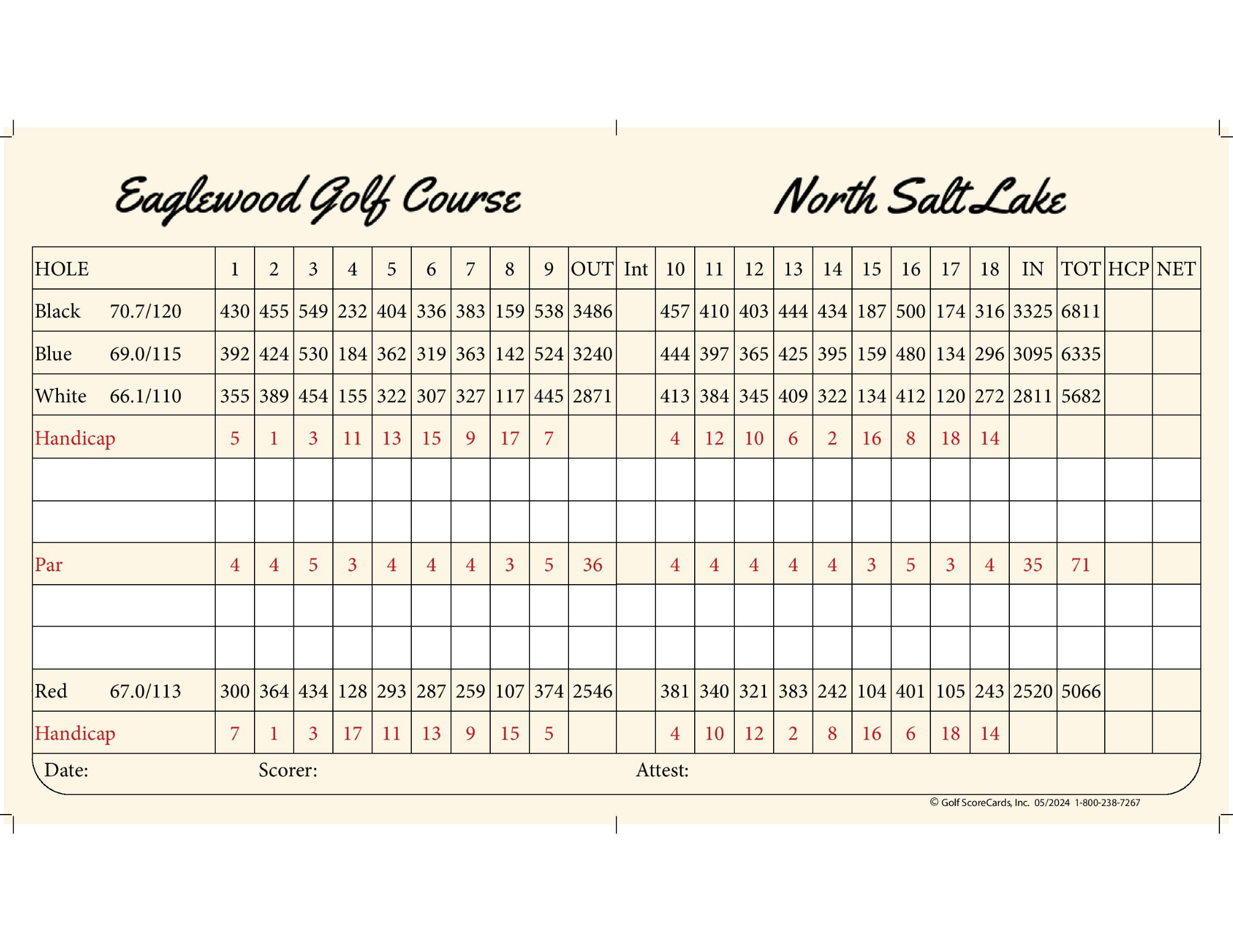 Eaglewood Golf Course scorecard back, with rules and information